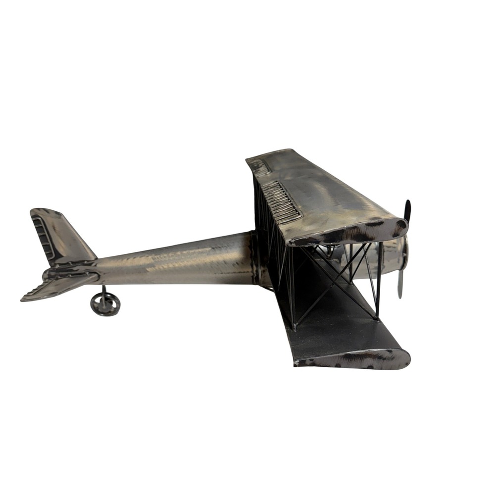 Vtg Style Metal Biplane Model Propeller Plane Industrial Decor Silver Black 19in - Picture 2 of 9